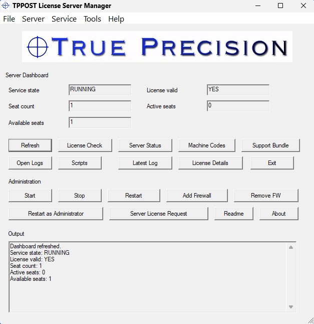 TPPOST License Server Manager GUI preview showing service status and license administration controls.